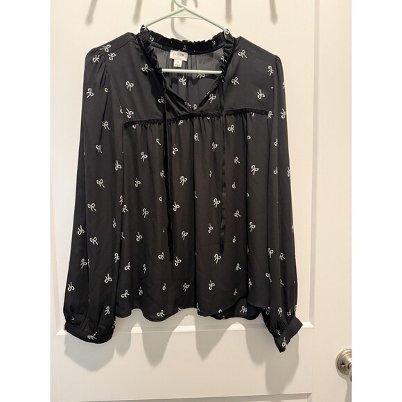 J.Crew Bow Blouse with Ruffle Neck and Velvet Trim Medium Black w/White Bows - Picture 1 of 5